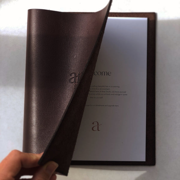 A5 Custom Leather Menu Booklet Folder for Beauty, Hair, & Wellness Studios