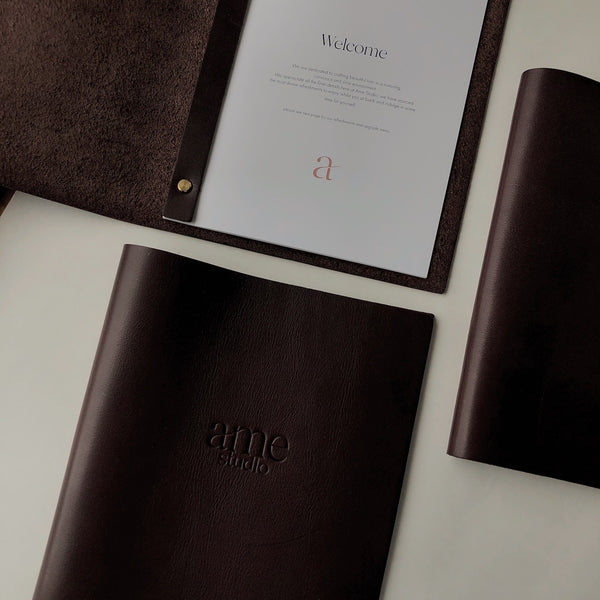 A5 Custom Leather Menu Booklet Folder for Beauty, Hair, & Wellness Studios